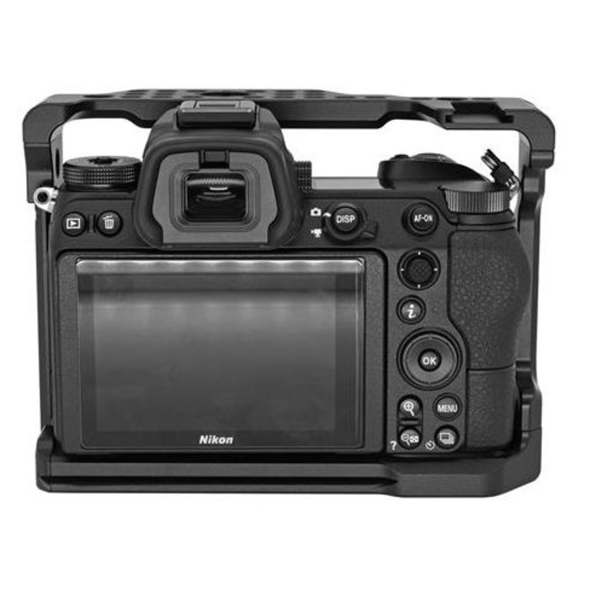 Schwarz-weiße Rückansicht einer Nikon-Kamera mit Käfig und LCD-Bildschirm.