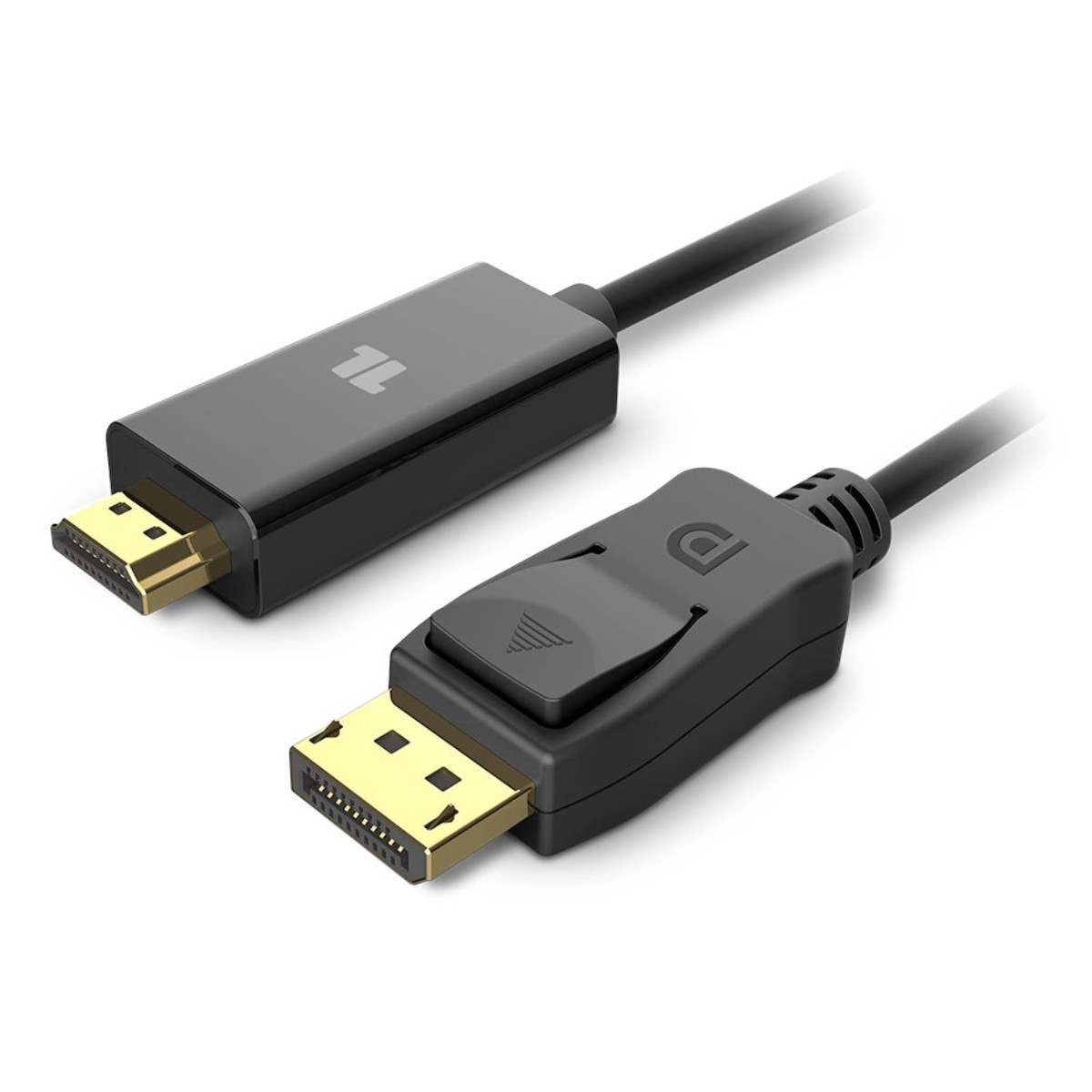 Cavi DisplayPort e HDMI neri con connettori placcati in oro su sfondo bianco.