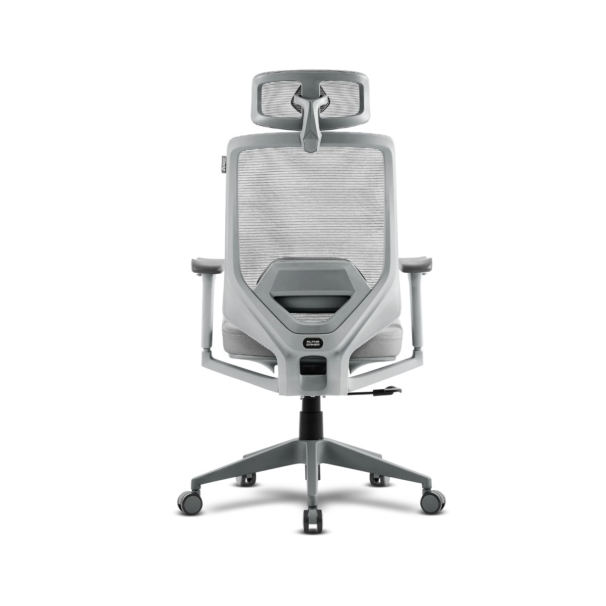 Vista posteriore di una sedia da ufficio ergonomica grigia con schienale in rete e poggiatesta, su sfondo bianco.