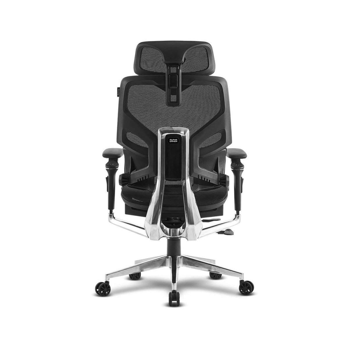 Vista posteriore di una sedia da ufficio ergonomica nera con schienale in rete e base argentata.