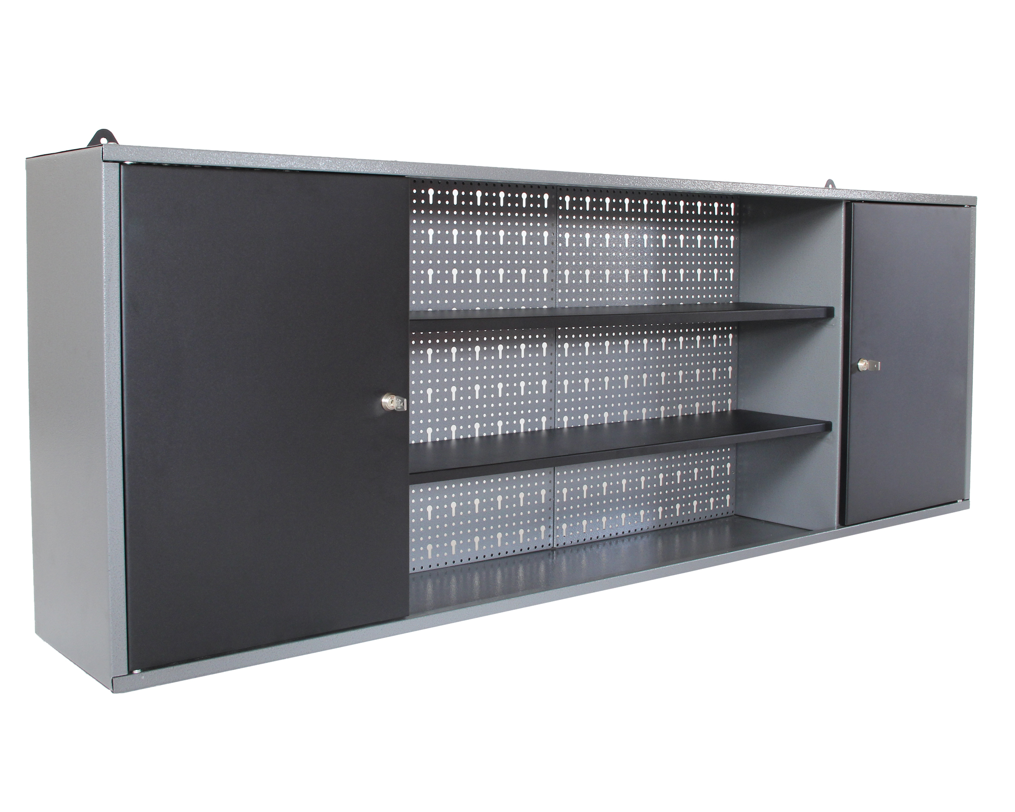Graues Wandschrank-Regal mit zwei dunklen Türen und offenen Fächern mit Lochplatten.