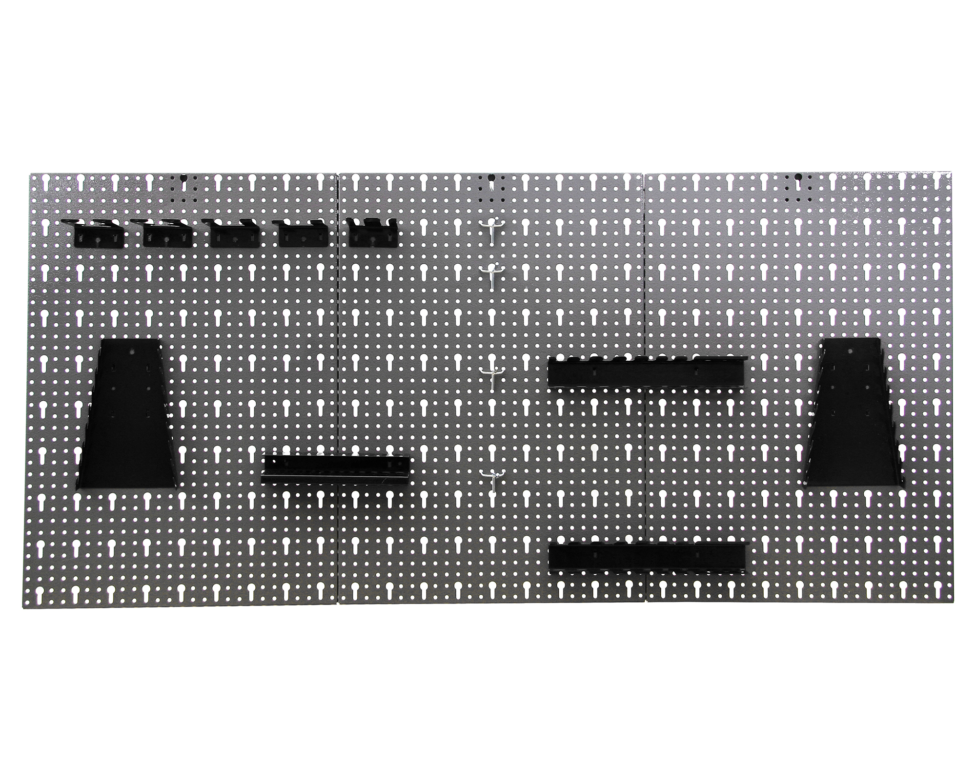 Graue Lochwand mit schwarzen Werkzeughaltern und Haken.