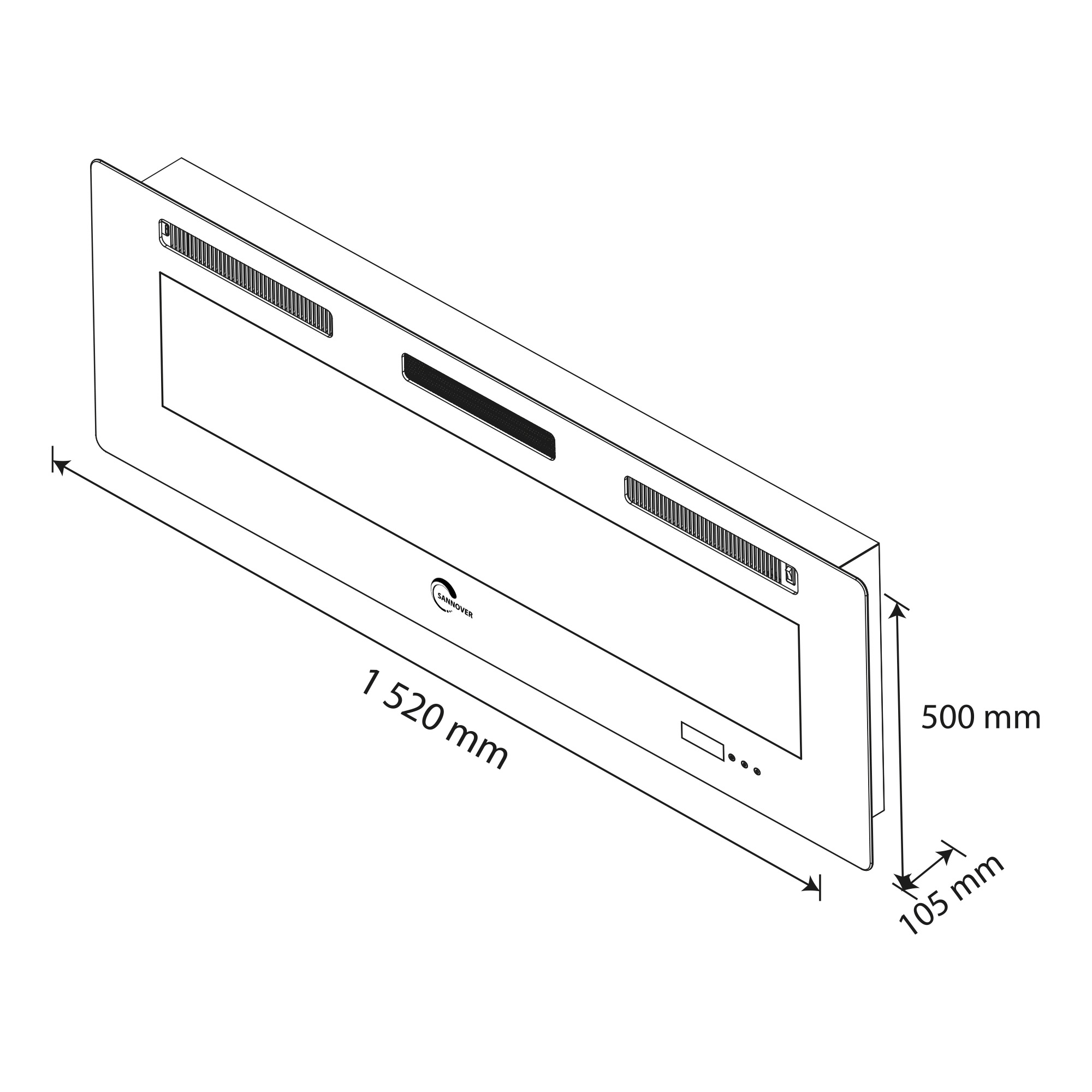 Diagramm eines Sannover Elektrokamins, 1520x500x105 mm. Zeigt Abmessungen.