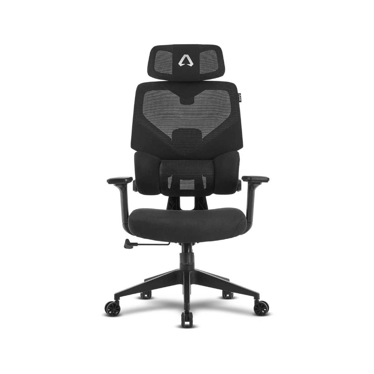 Sedia da ufficio ergonomica nera con schienale in rete, poggiatesta regolabile e supporto lombare.