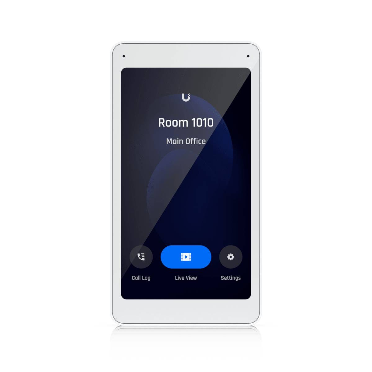 Un tablet bianco mostra "Stanza 1010 Ufficio Principale" con icone per Registro chiamate, Live View e Impostazioni.
