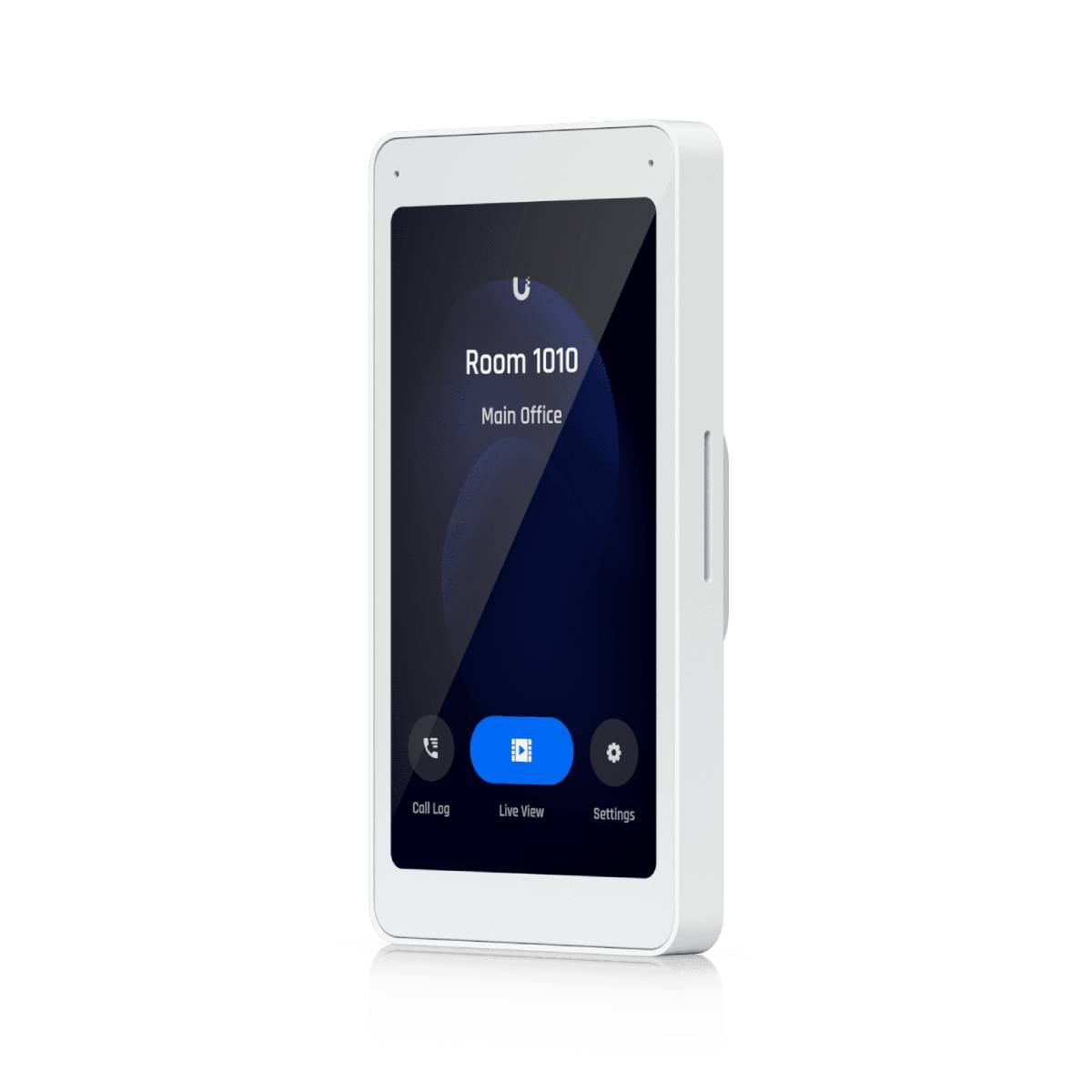 Dispositivo bianco con touchscreen che mostra 'Stanza 1010 Ufficio Principale'.