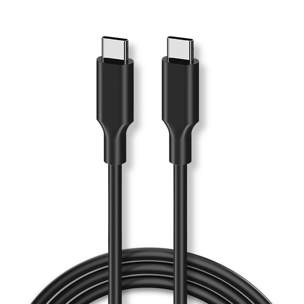 Due cavi USB-C neri con connettori argentati sono avvolti su sfondo bianco.