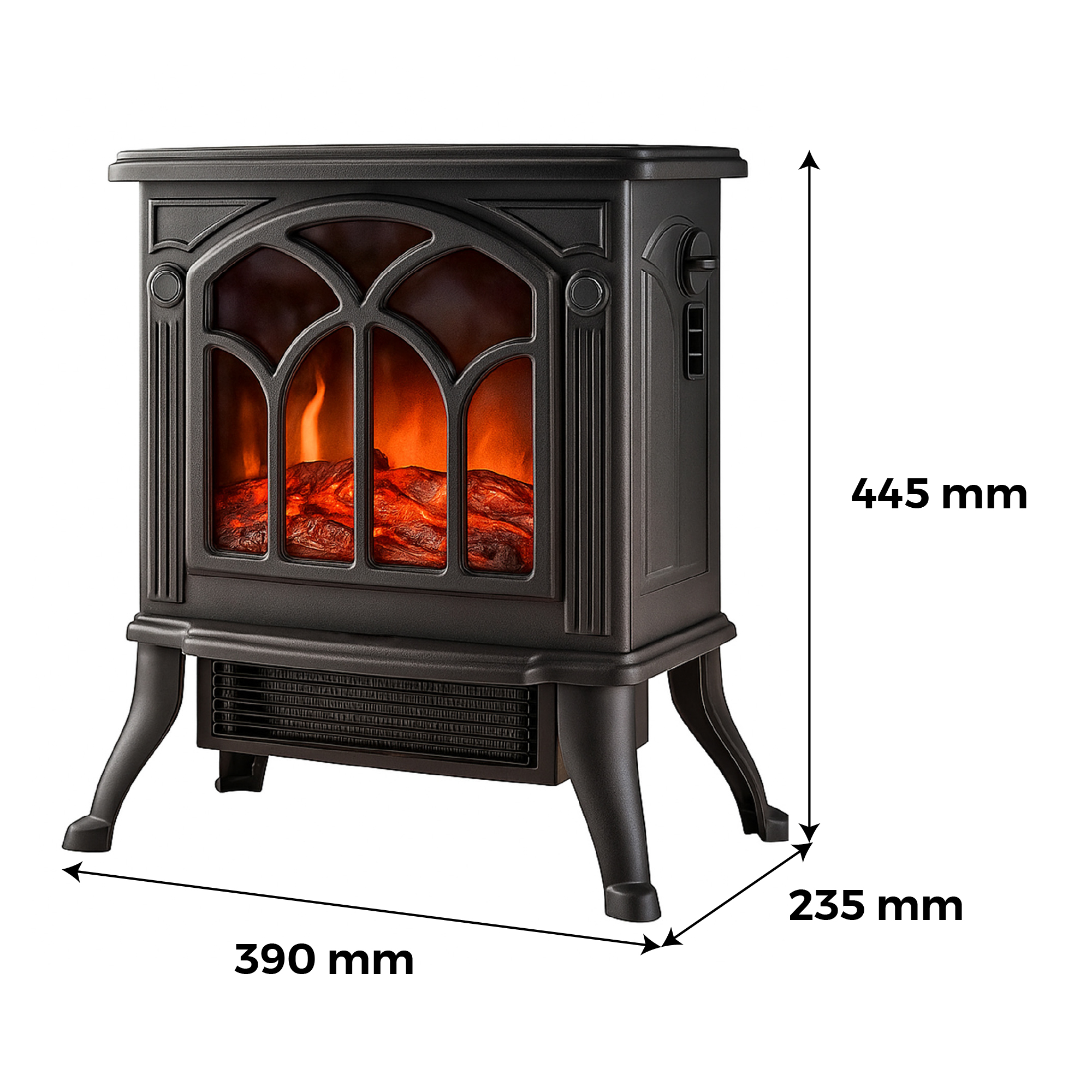 Schwarzer Kamin mit Flammen-Effekt, Maße 390x235x445 mm.