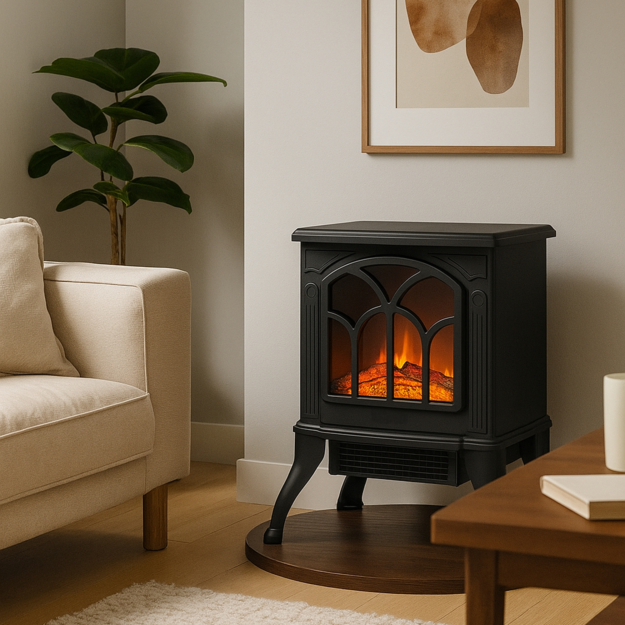 Ein schwarzer Elektrokamin mit flackerndem Feuer steht neben einem beigen Sofa.