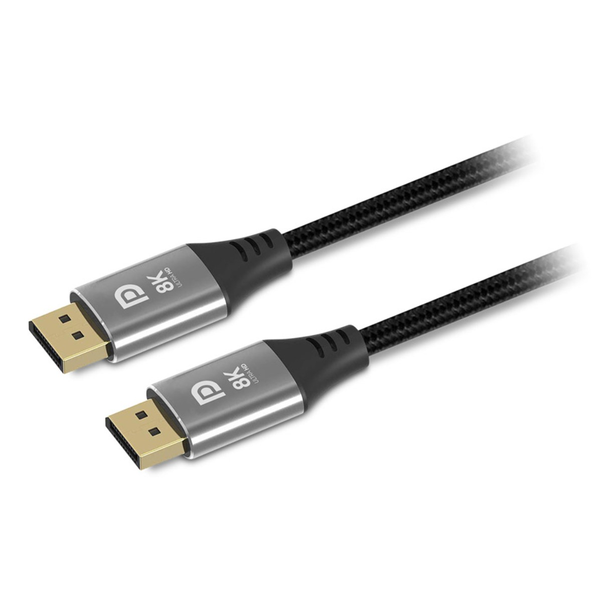 Due cavi DisplayPort neri con connettori argentati etichettati "8K ULTRA HD" su sfondo bianco.