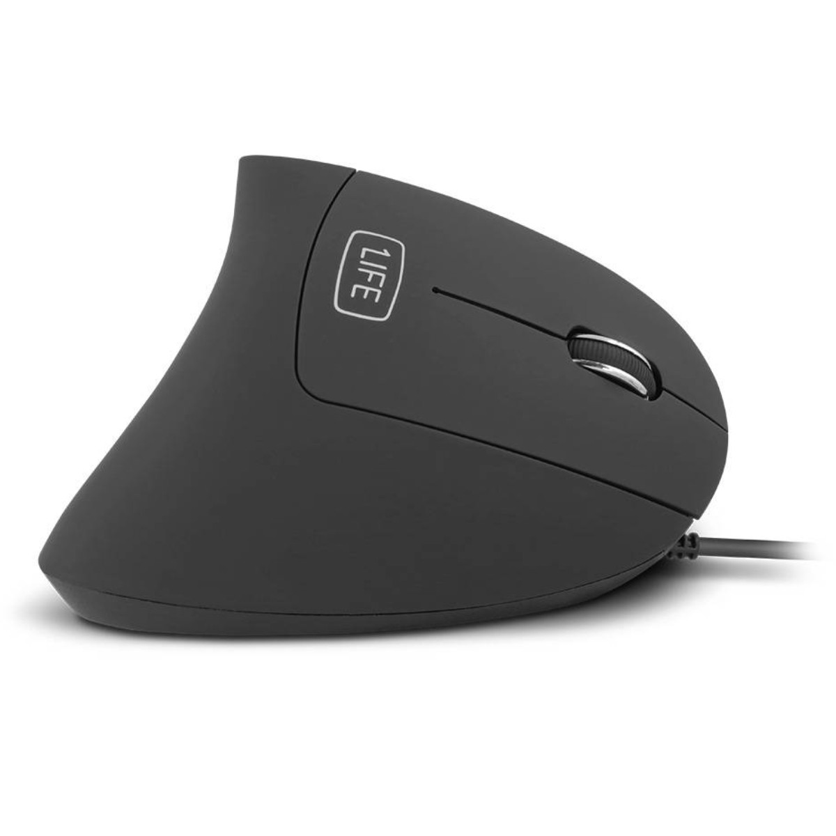 Un mouse ergonomico nero con rotella argentata e logo 'LIFE' su sfondo bianco.