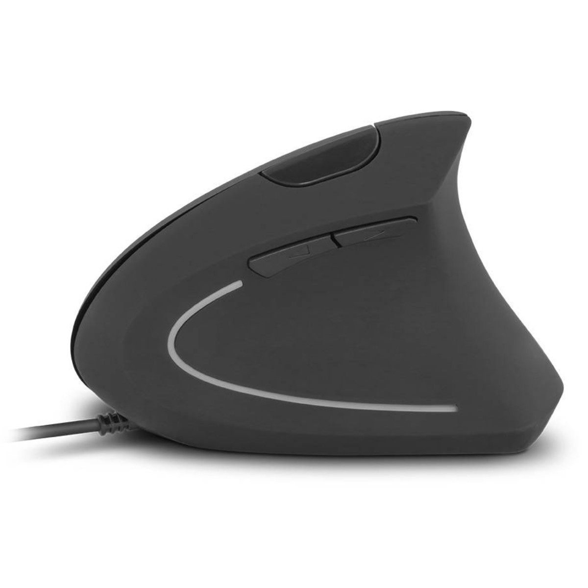 Un mouse ergonomico grigio scuro con una linea di accento bianca e un cavo nero.
