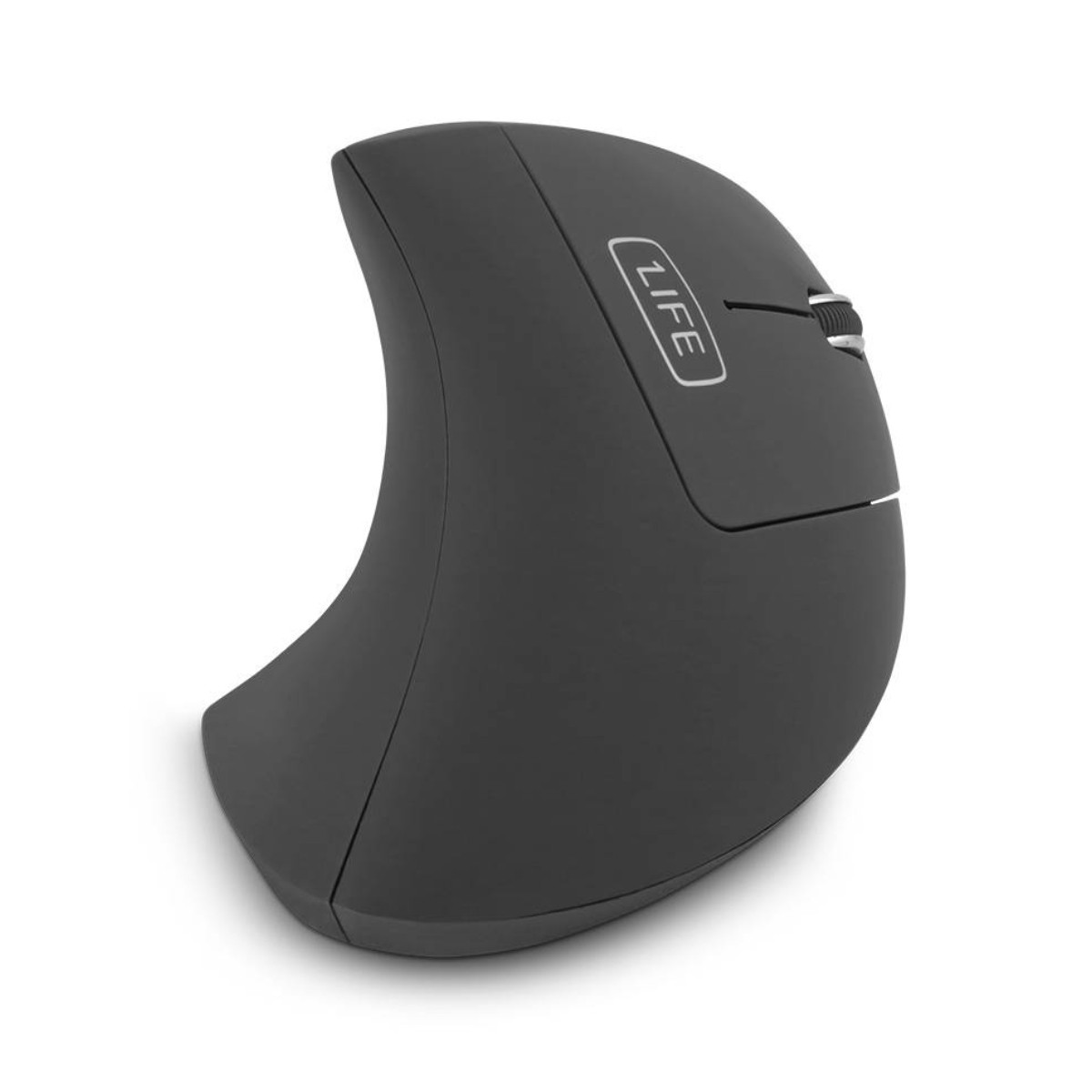 Un mouse verticale nero con la scritta "LIFE" sulla superficie superiore.