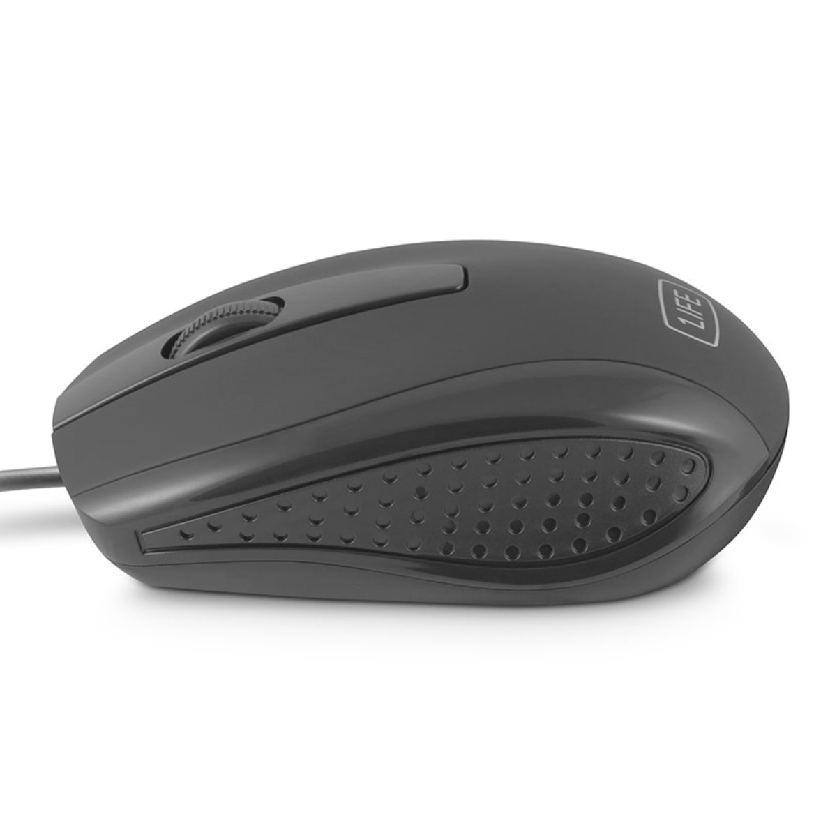 Un mouse per computer scuro con rotellina di scorrimento e impugnatura gommata.