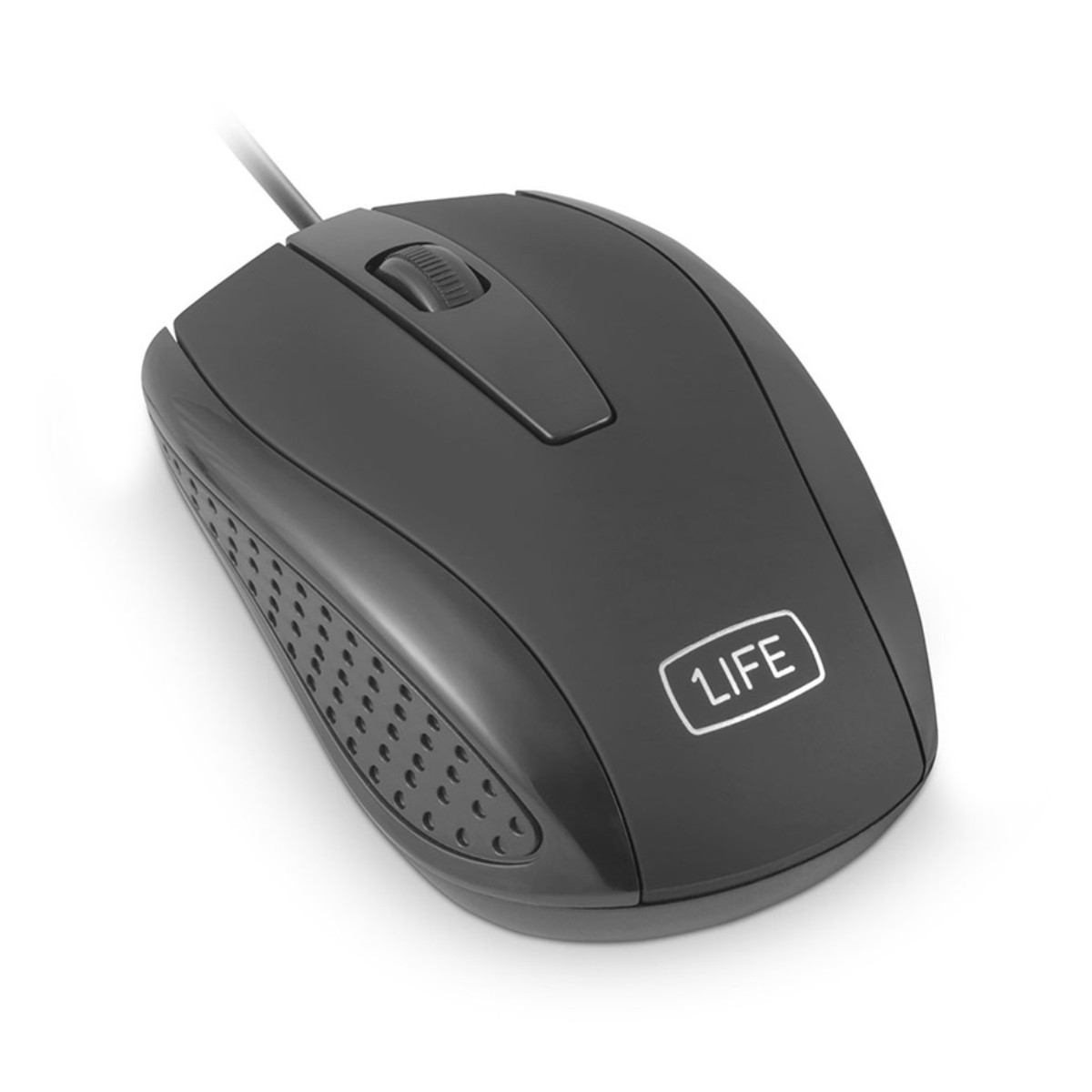 Un mouse per computer nero con rotellina di scorrimento e logo "1LIFE".