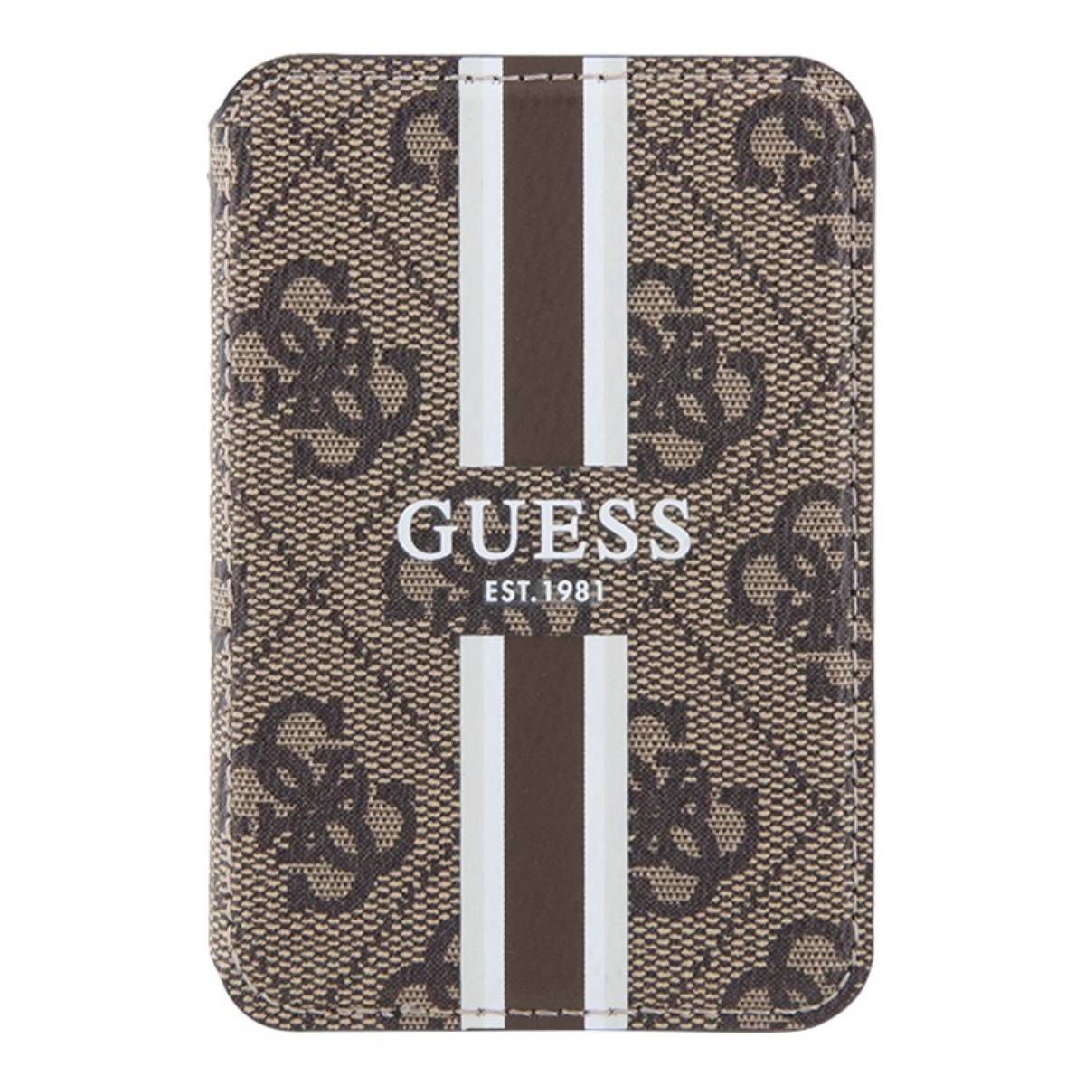 Portafoglio Guess marrone con motivo logo e strisce bianche. Est. 1981.