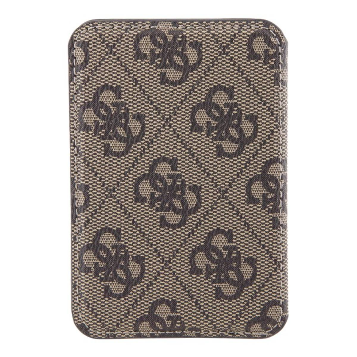Un portafoglio marrone e beige con loghi Guess ripetuti.