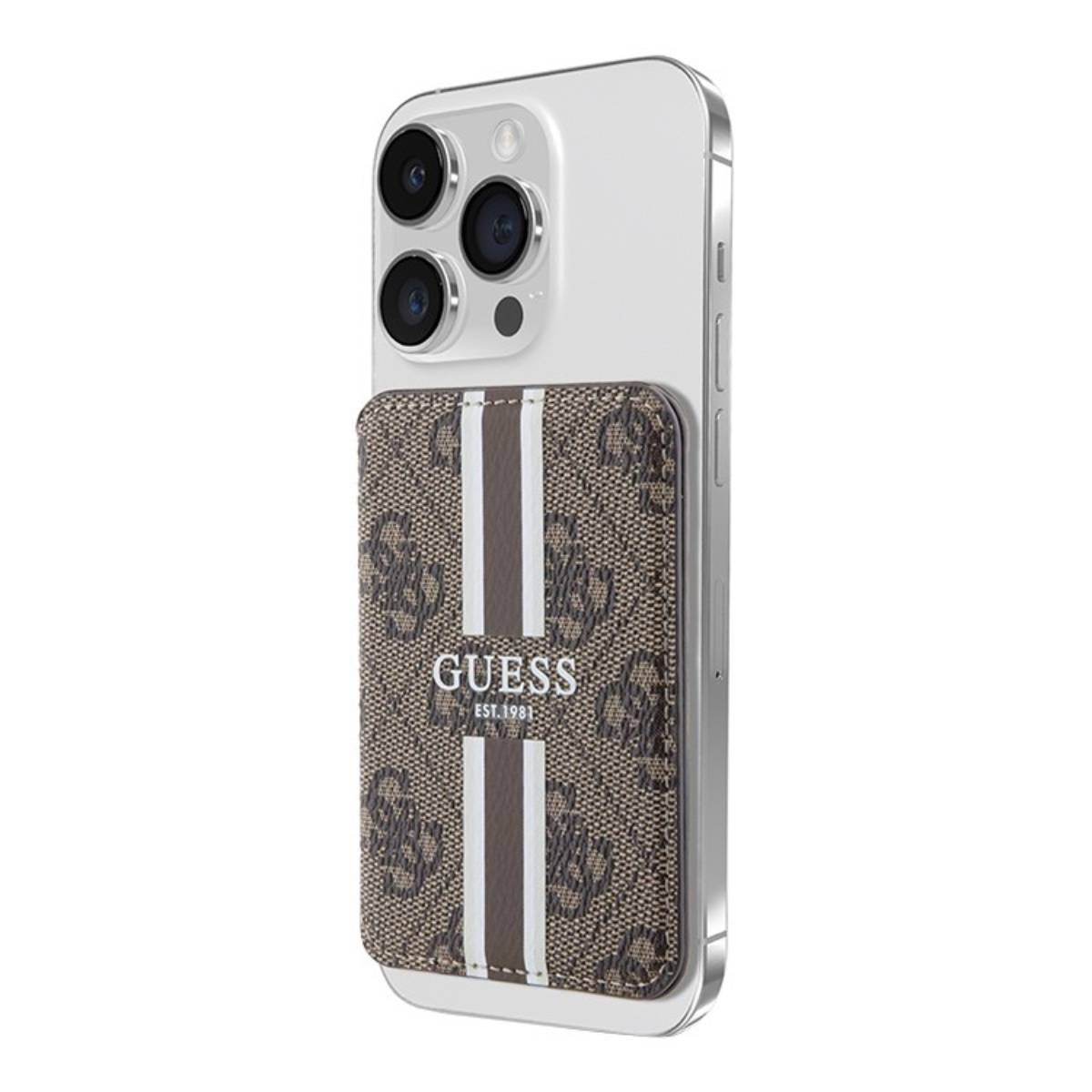 Uno smartphone con custodia marrone logo Guess e strisce bianche.