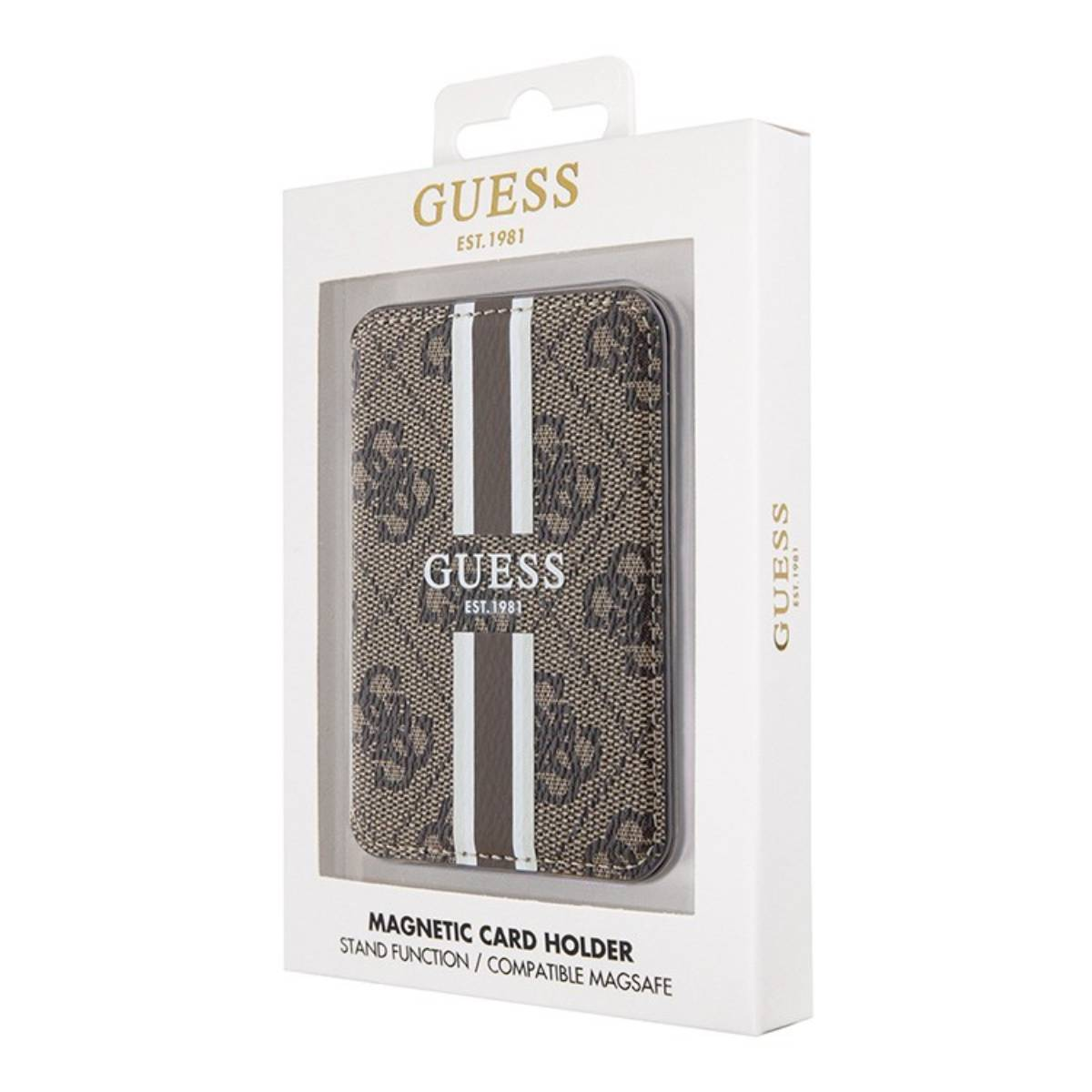 Un porta carte magnetico Guess marrone con strisce bianche e marroni in confezione.