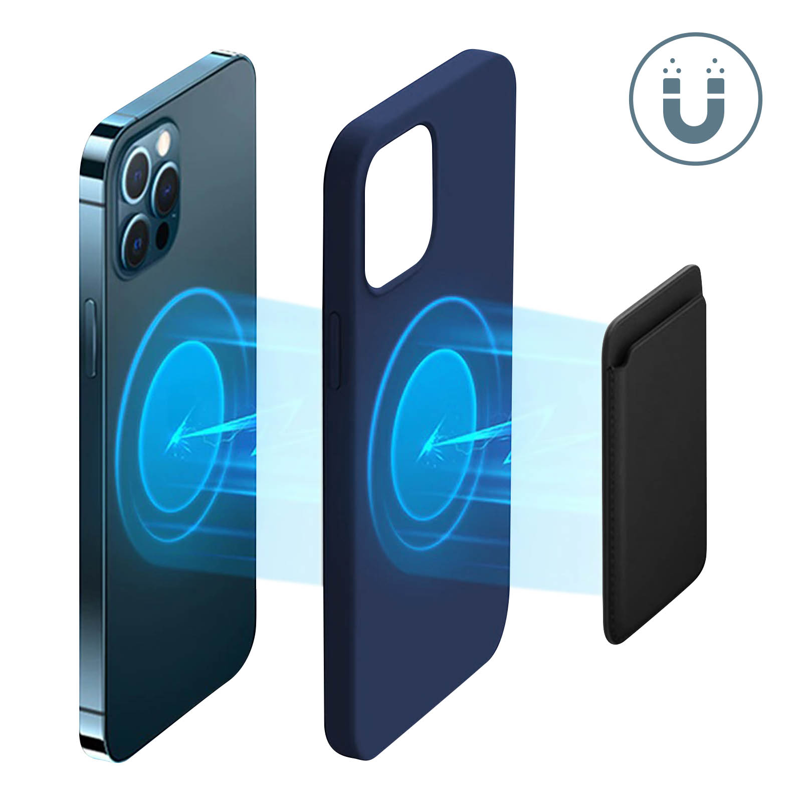 Telefono, custodia e portafoglio mostrati con grafica di attrazione magnetica.