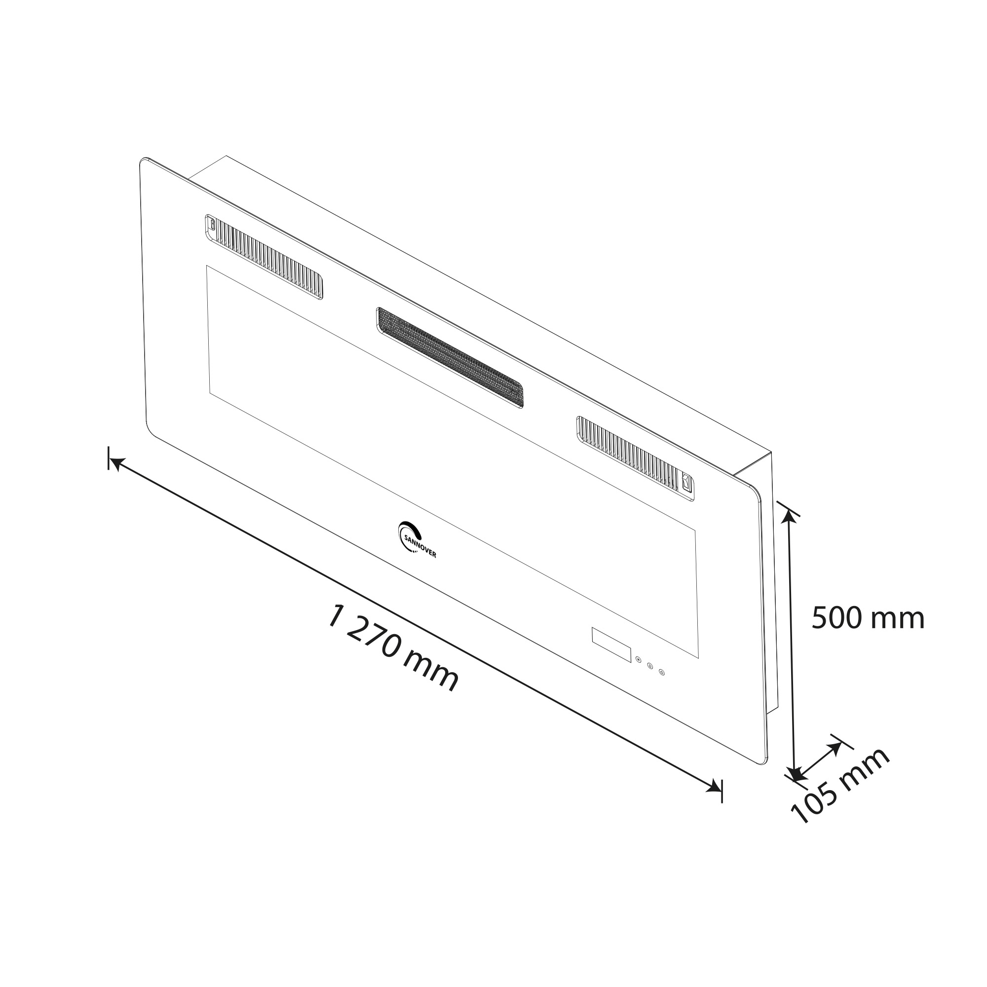 Zeichnung eines Kamins: 1270 mm lang, 500 mm hoch, 105 mm tief.