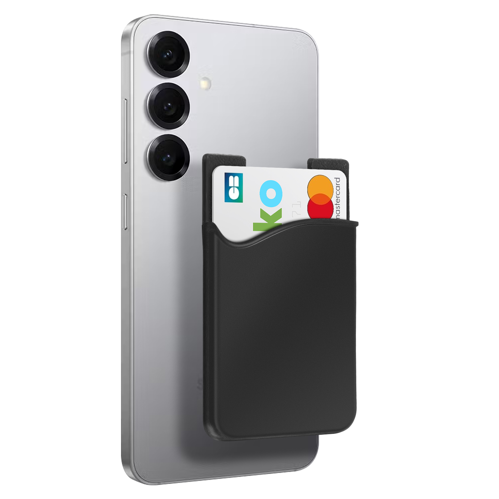 Un porta carte nero sul retro di uno smartphone argentato con tre fotocamere.