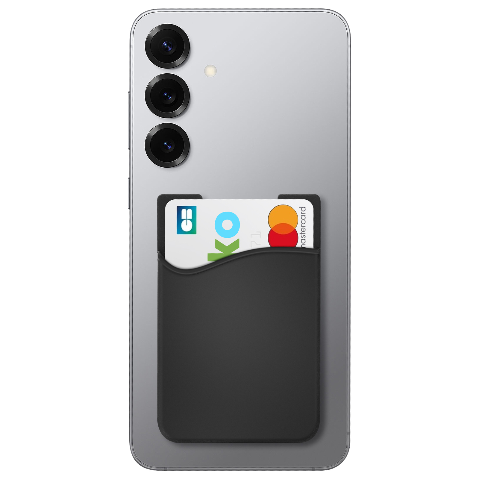 Retro di uno smartphone con tasca porta carte nera che tiene due carte.