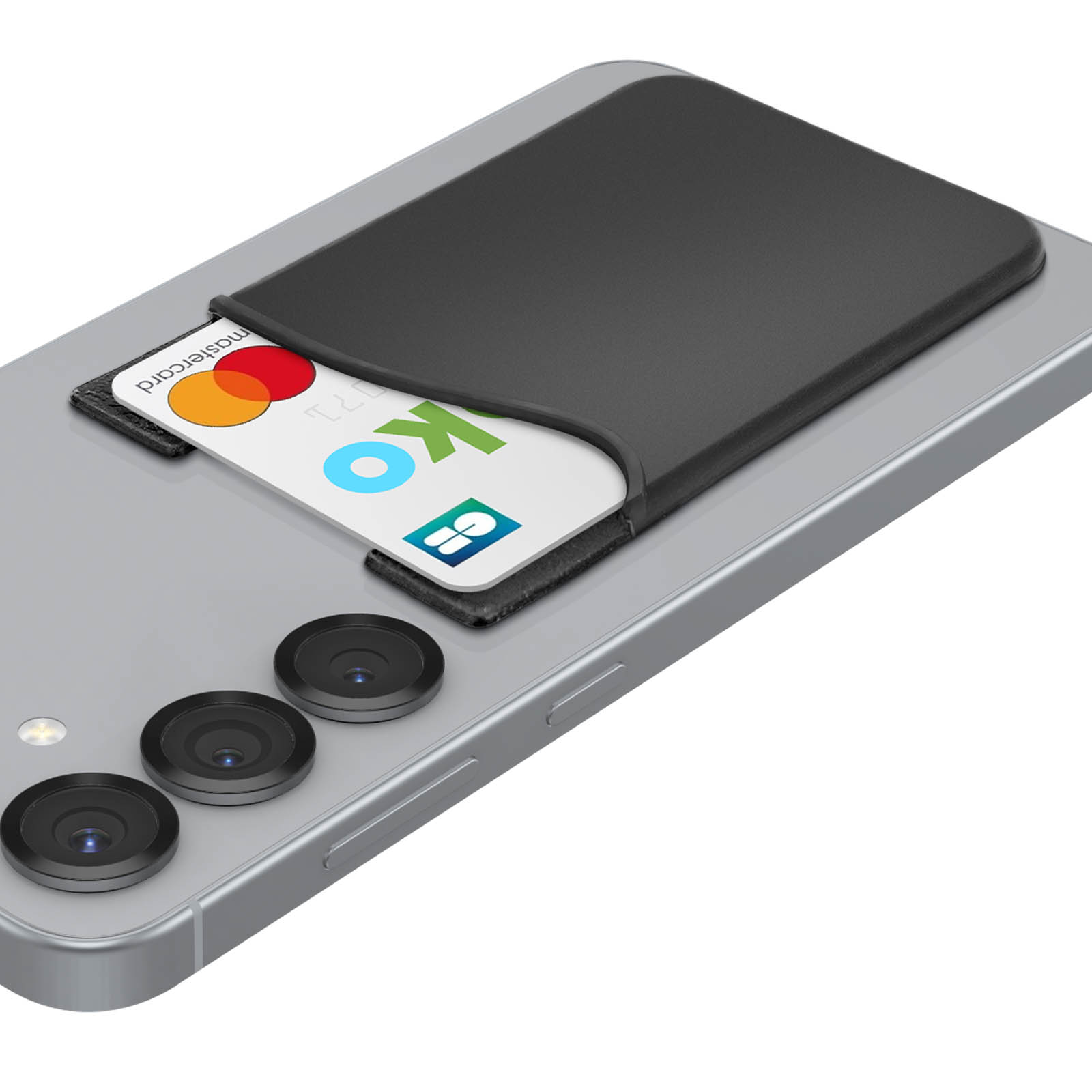 Un porta carte nero su uno smartphone argentato con tre fotocamere.