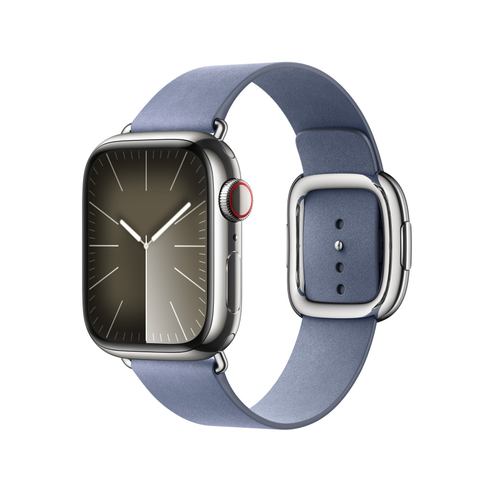 Uno smartwatch argentato con cinturino blu e fibbia argentata.