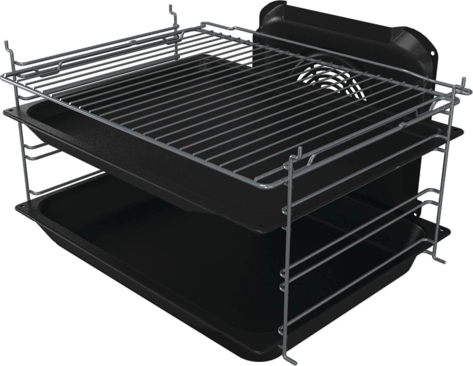 Ein Grillrost mit zwei Blechen in einem Ofen.