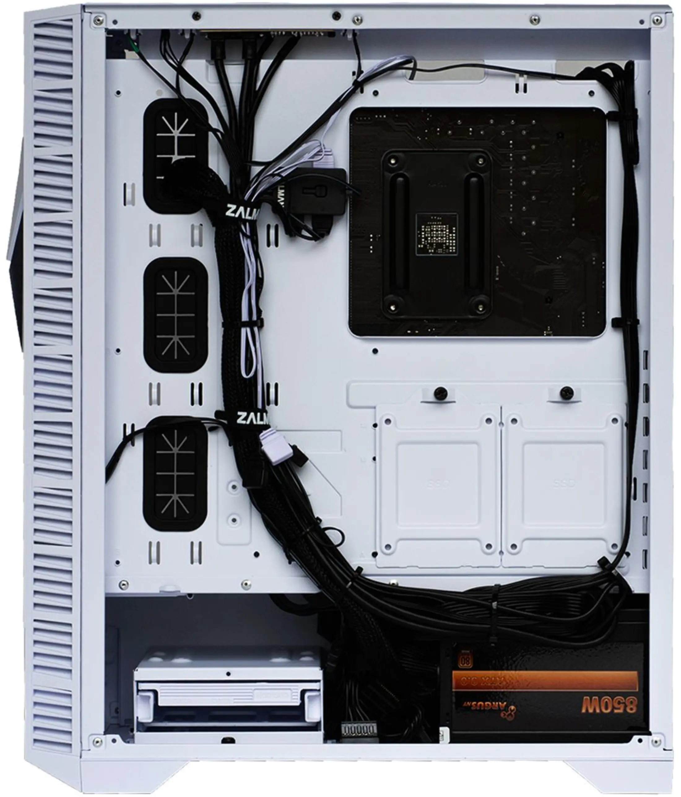 Interior view of a white PC case with cable management and components.