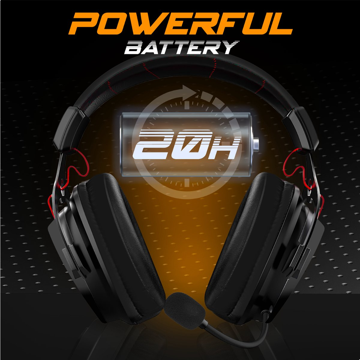 Cuffie gaming nere con indicatore batteria 20H e testo "Powerful Battery".