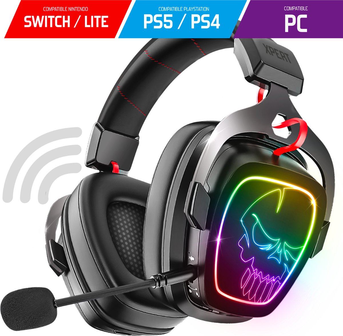Cuffie da gaming nere con LED teschio, compatibili con Switch, PS5, PS4 e PC.