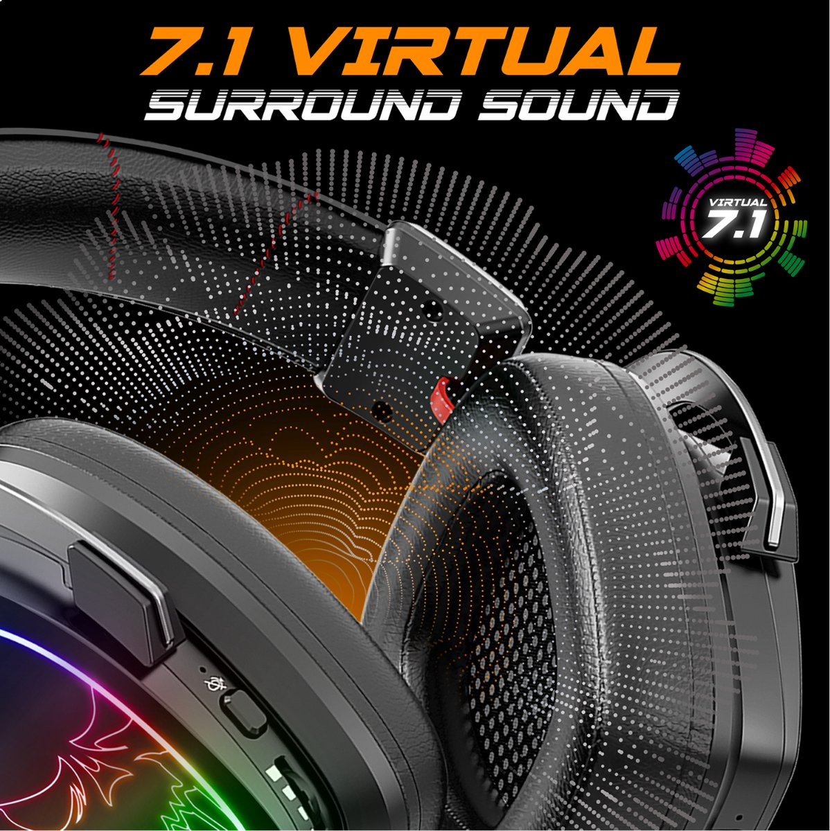 Cuffie nere audio surround virtuale 7.1 con luci luminose e onde sonore.