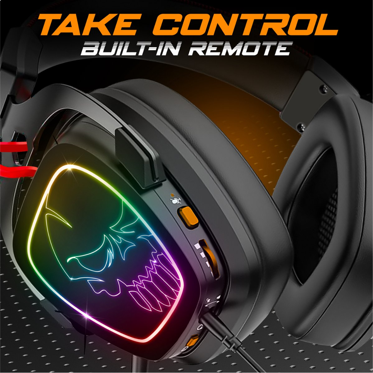Cuffie da gaming nere con logo teschio e illuminazione RGB arcobaleno. Testo: TAKE CONTROL BUILT-IN REMOTE.