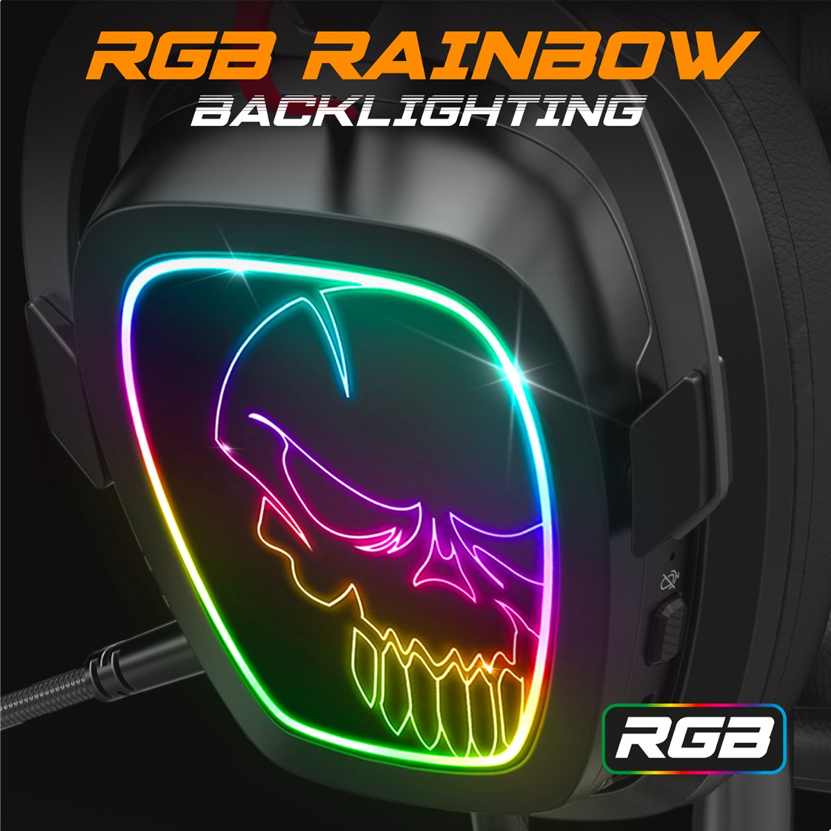 Un auricolare da gioco nero con design a teschio e retroilluminazione arcobaleno RGB.