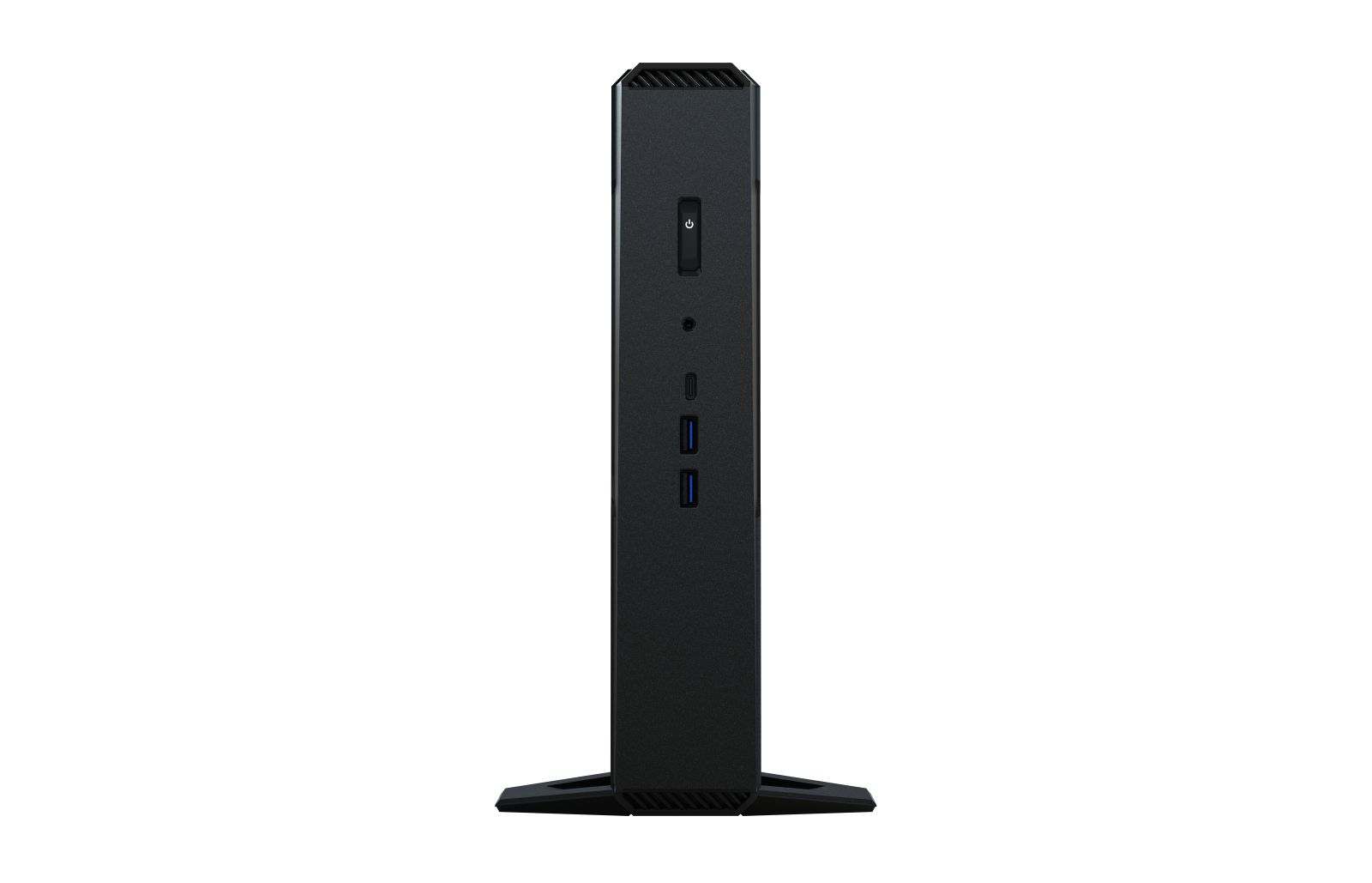 Önünde güç düğmesi ve USB bağlantı noktaları bulunan siyah dikey bilgisayar kasası.
