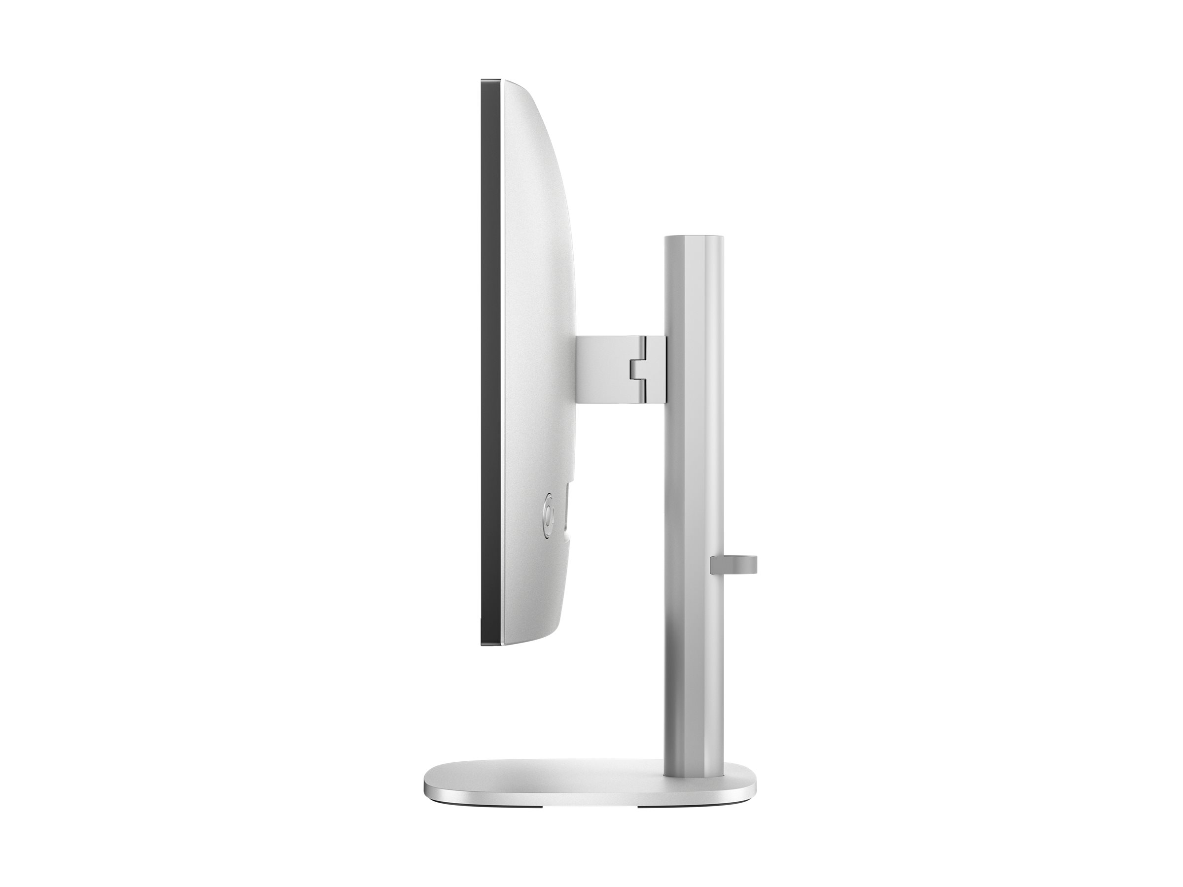 Vista laterale di un monitor argentato ed elegante con base e supporto sottili.