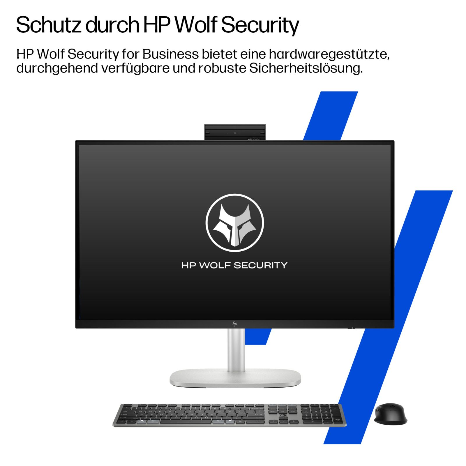 Logo HP Wolf Security na ekranie komputera, z klawiaturą i myszką.