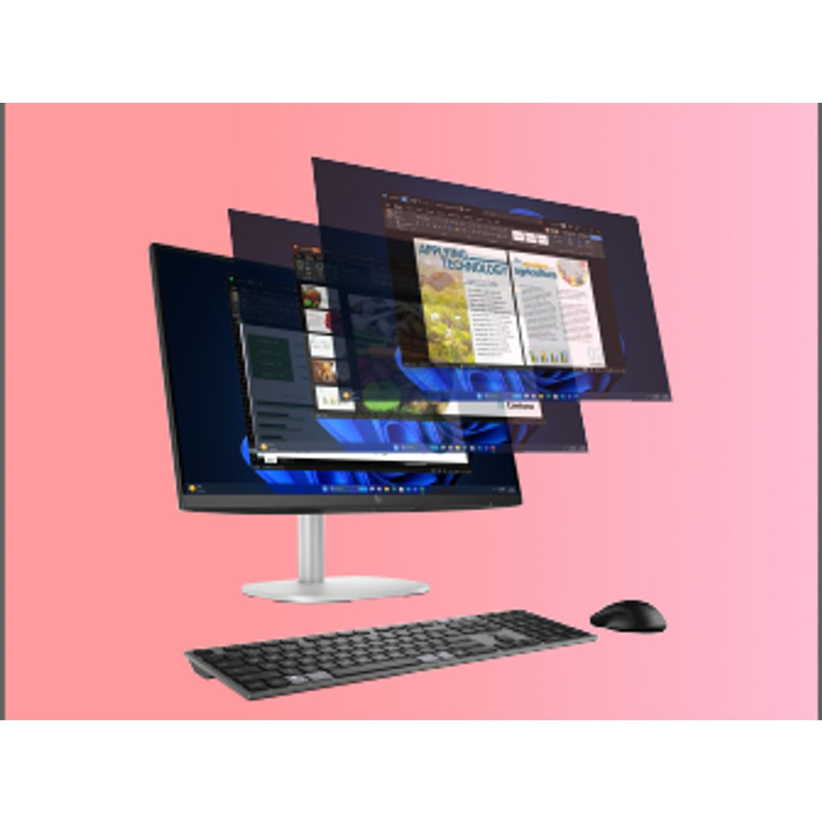 Un elegante monitor del computer mostra più finestre. Tastiera e mouse davanti.