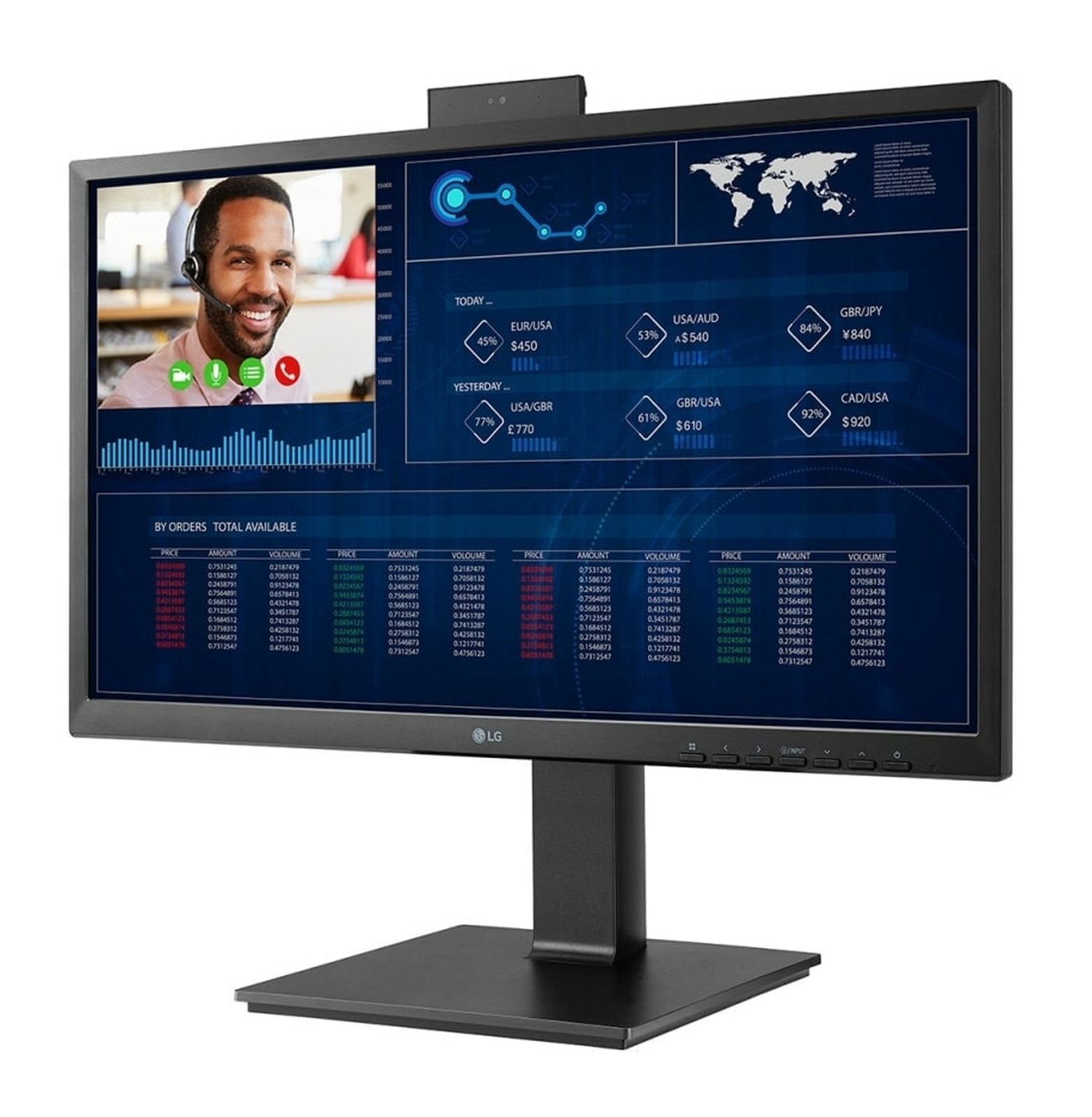 Un uomo con cuffie sorride mentre dati finanziari vengono visualizzati su uno schermo del computer.