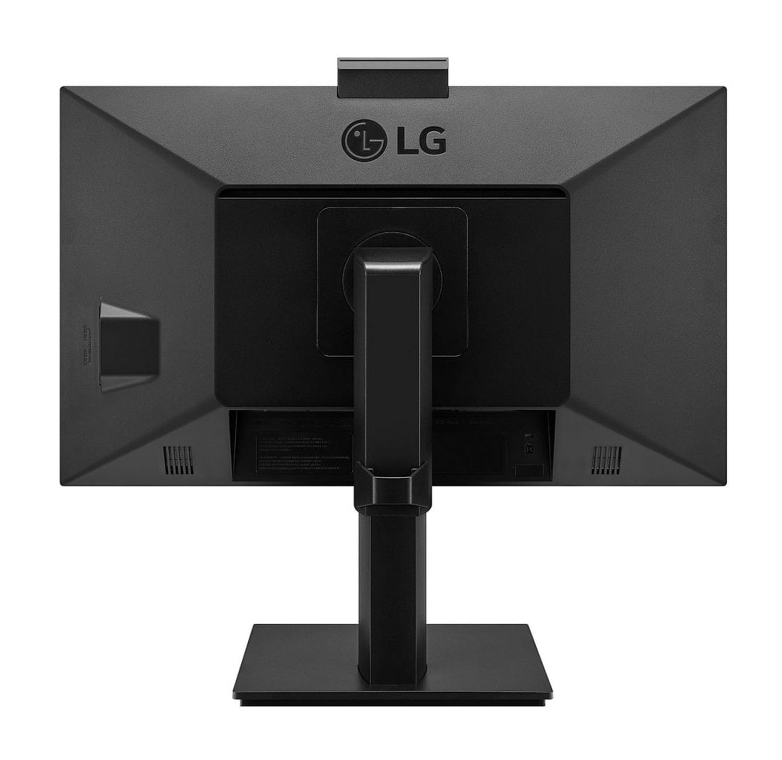 Retro di un monitor LG nero su supporto con porte e prese d'aria visibili.