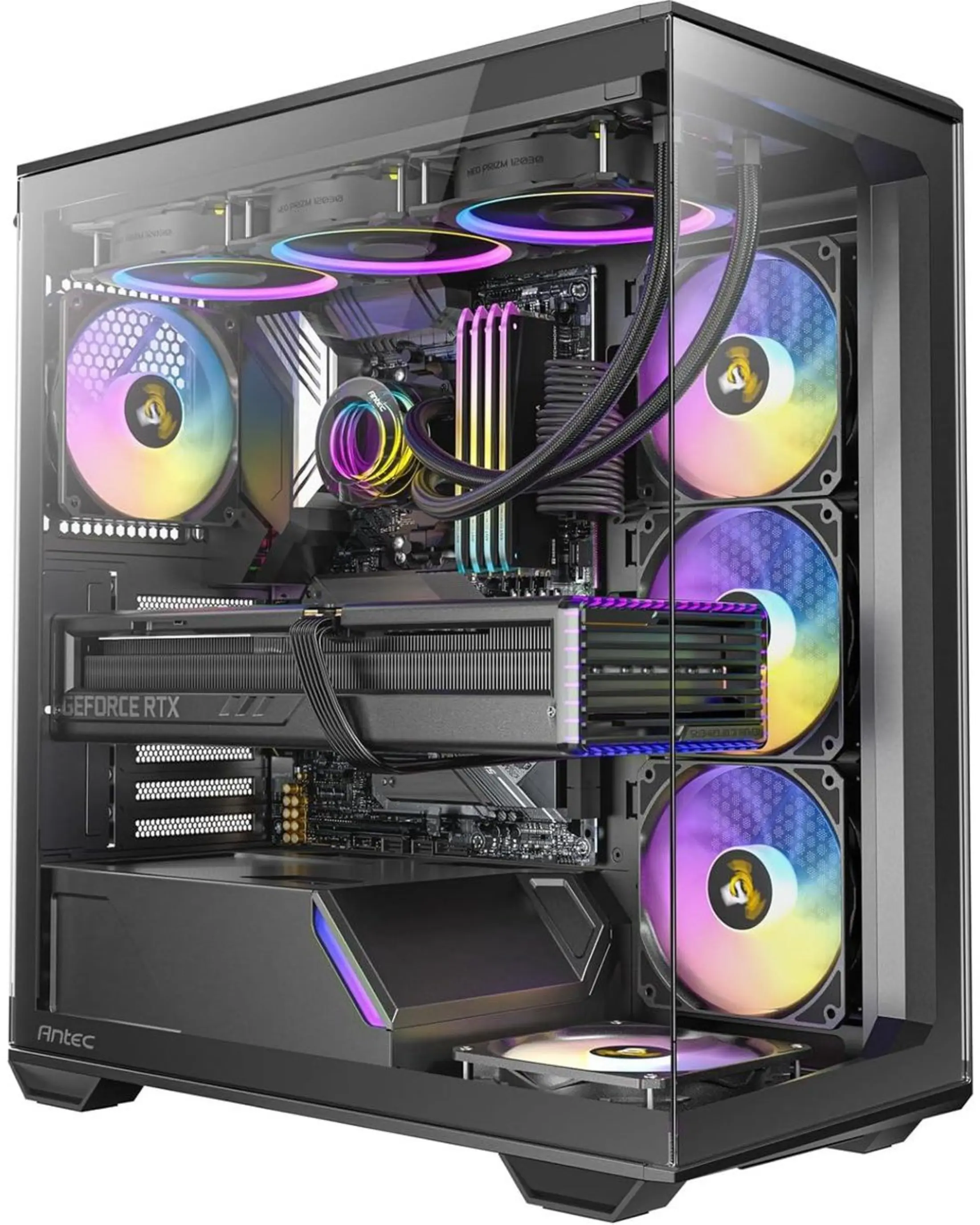 Een transparante computerkast met RGB-ventilatoren, een GeForce RTX GPU en zichtbare interne componenten.
