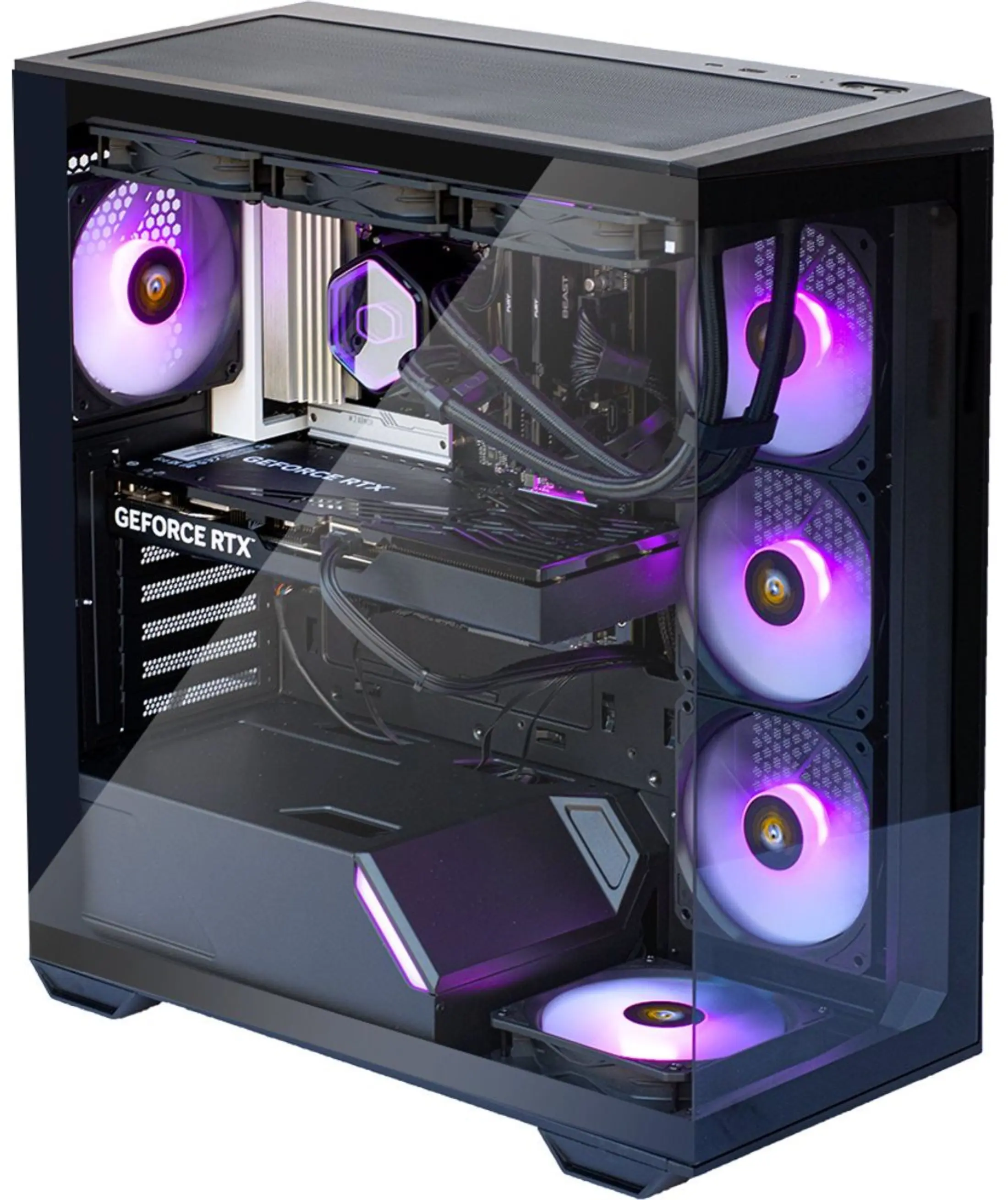 Een pc-behuizing met RGB-ventilatoren. Het heeft een GeForce RTX grafische kaart.