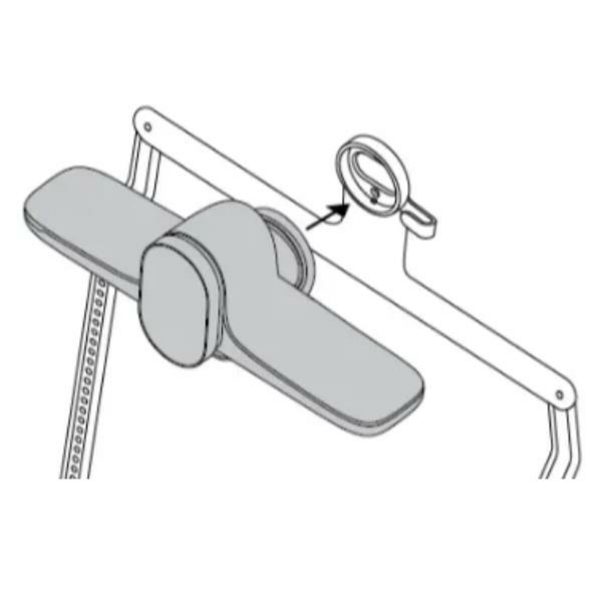 Manico grigio con parte circolare collegata da una freccia.
