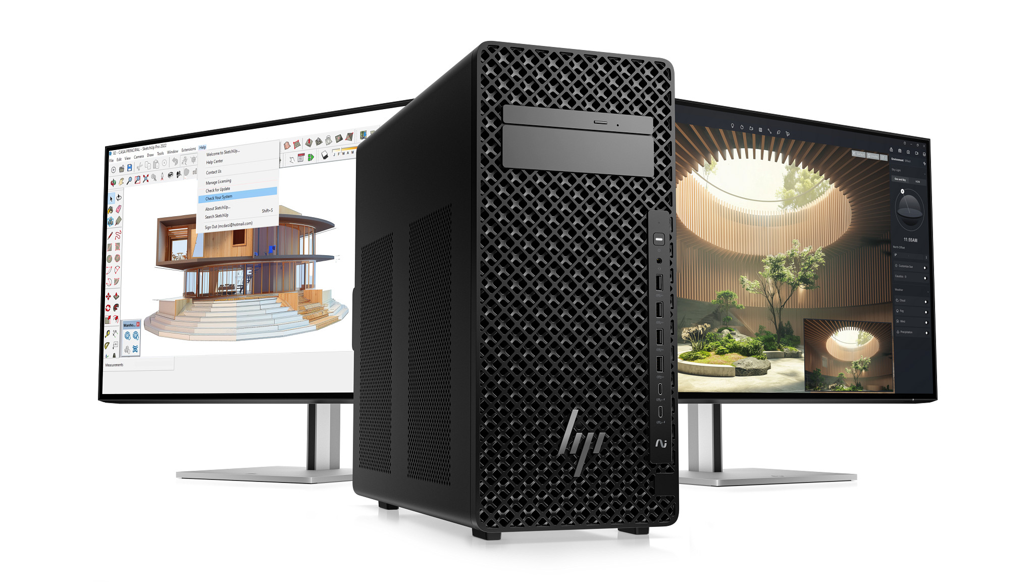 Czarna obudowa komputera HP stoi między dwoma monitorami pokazującymi projekty architektoniczne 3D.