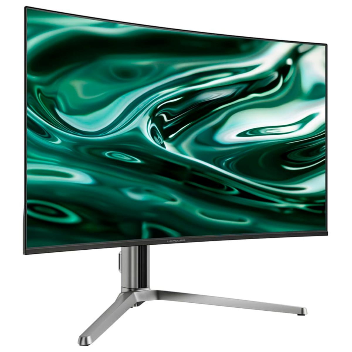 Gebogener Monitor mit abstrakter grüner Flüssigkeitskunst auf dem Bildschirm und Metallsockel.