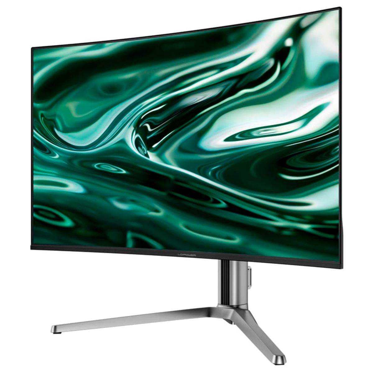 Ein gebogener Computermonitor mit grünem abstraktem Display und silbernem Ständer.