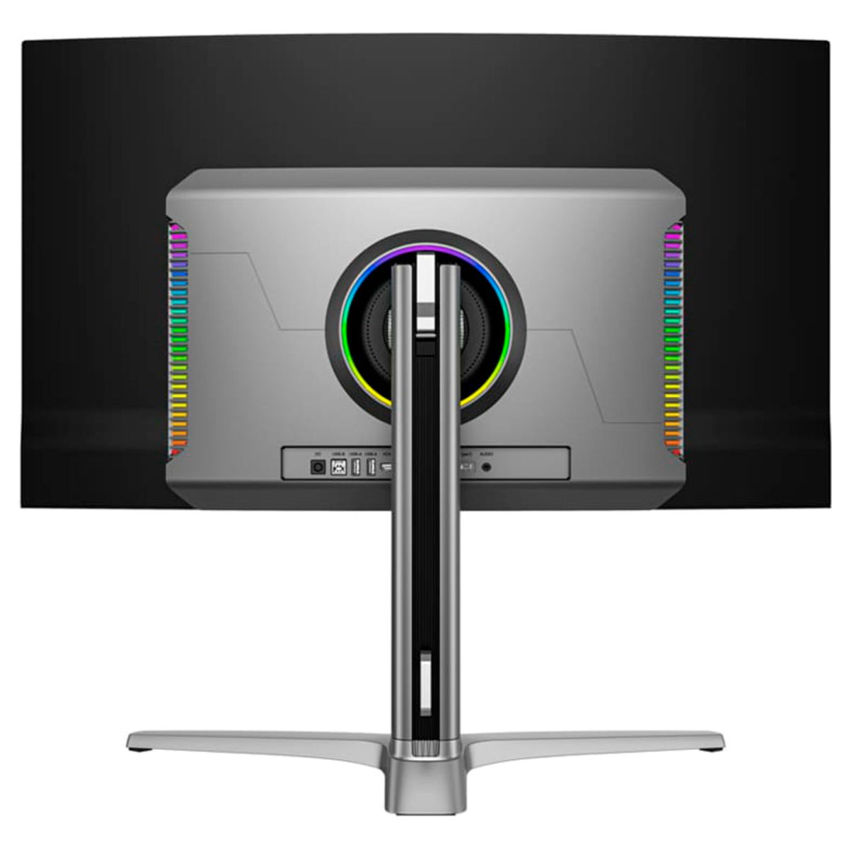 Rückseite eines silbernen Monitors mit RGB-Beleuchtung an den Seiten und einem runden Akzent.