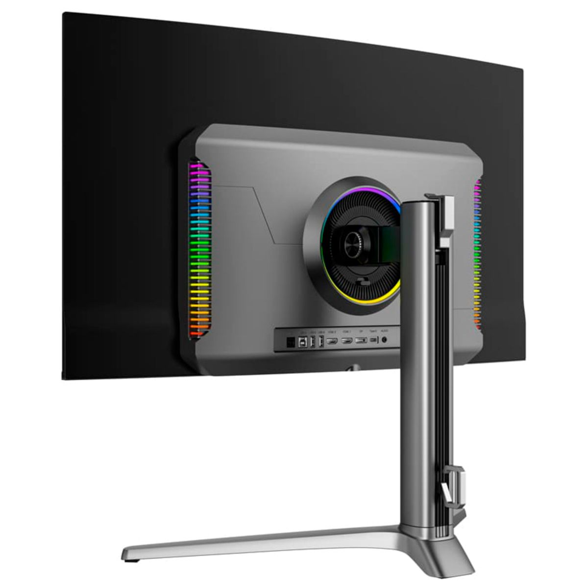 Rückansicht eines silbernen Gaming-Monitors mit RGB-Beleuchtung am Ständer und an den Seiten.